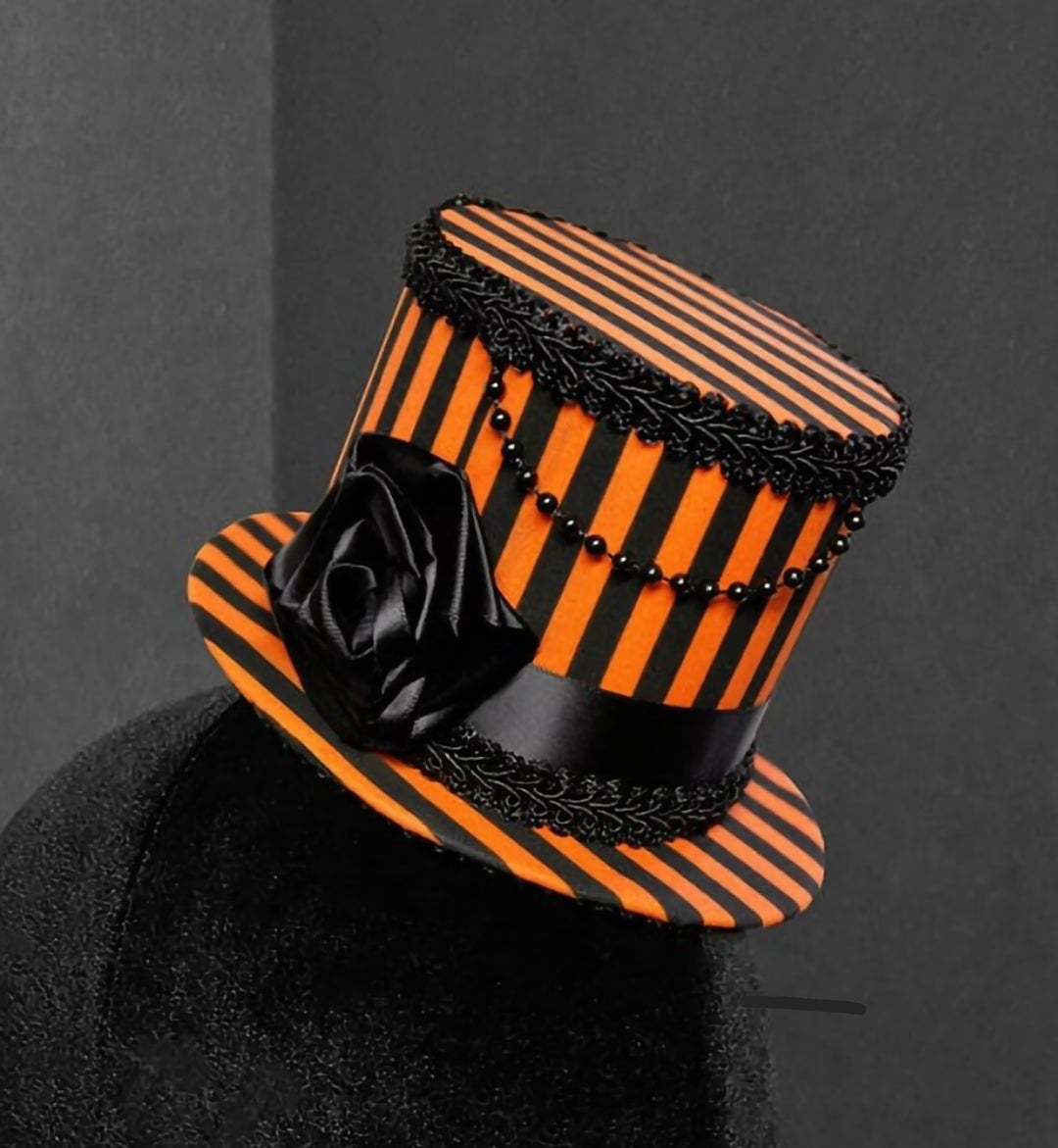 Halloween Orange and Black Striped Rose Gothic Mini Top Hat ~ Made to Order
