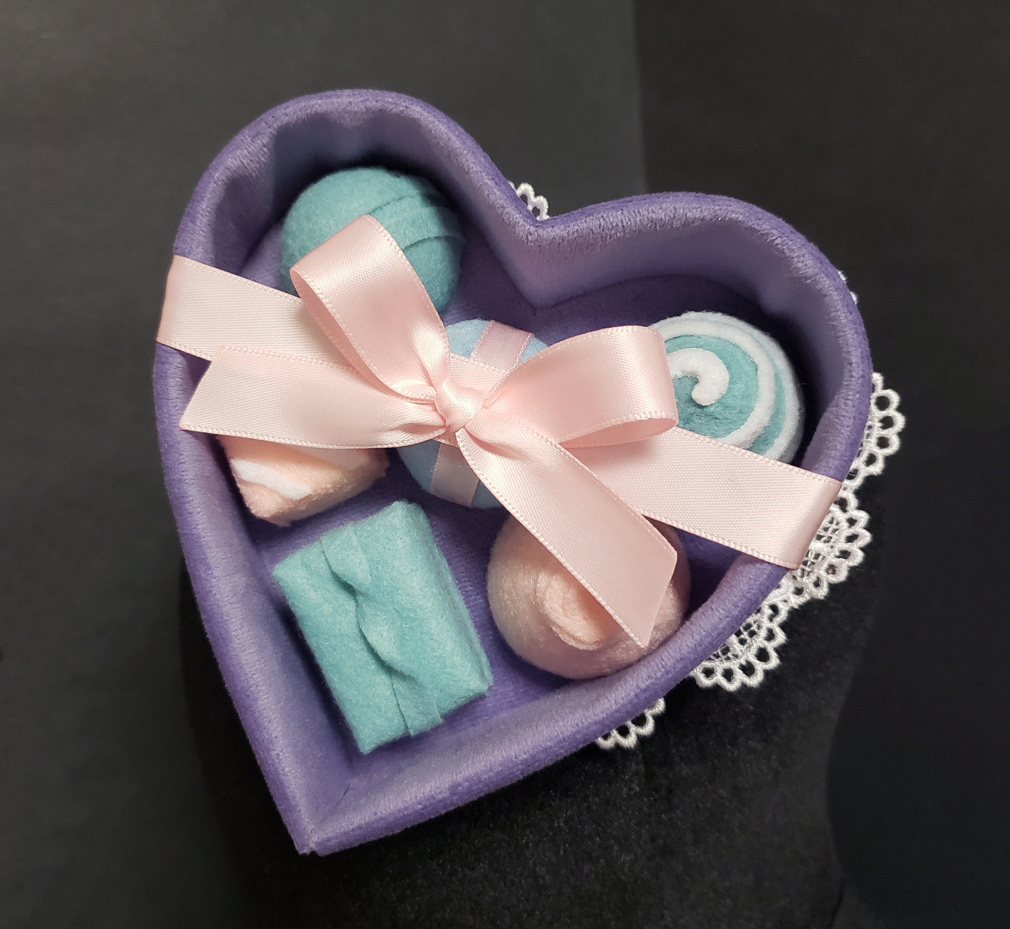 Sweet Lavender Velvet Pastel Chocolate Candy Heart Box Fascinator Hat or Desk Decor ~ Made to Order