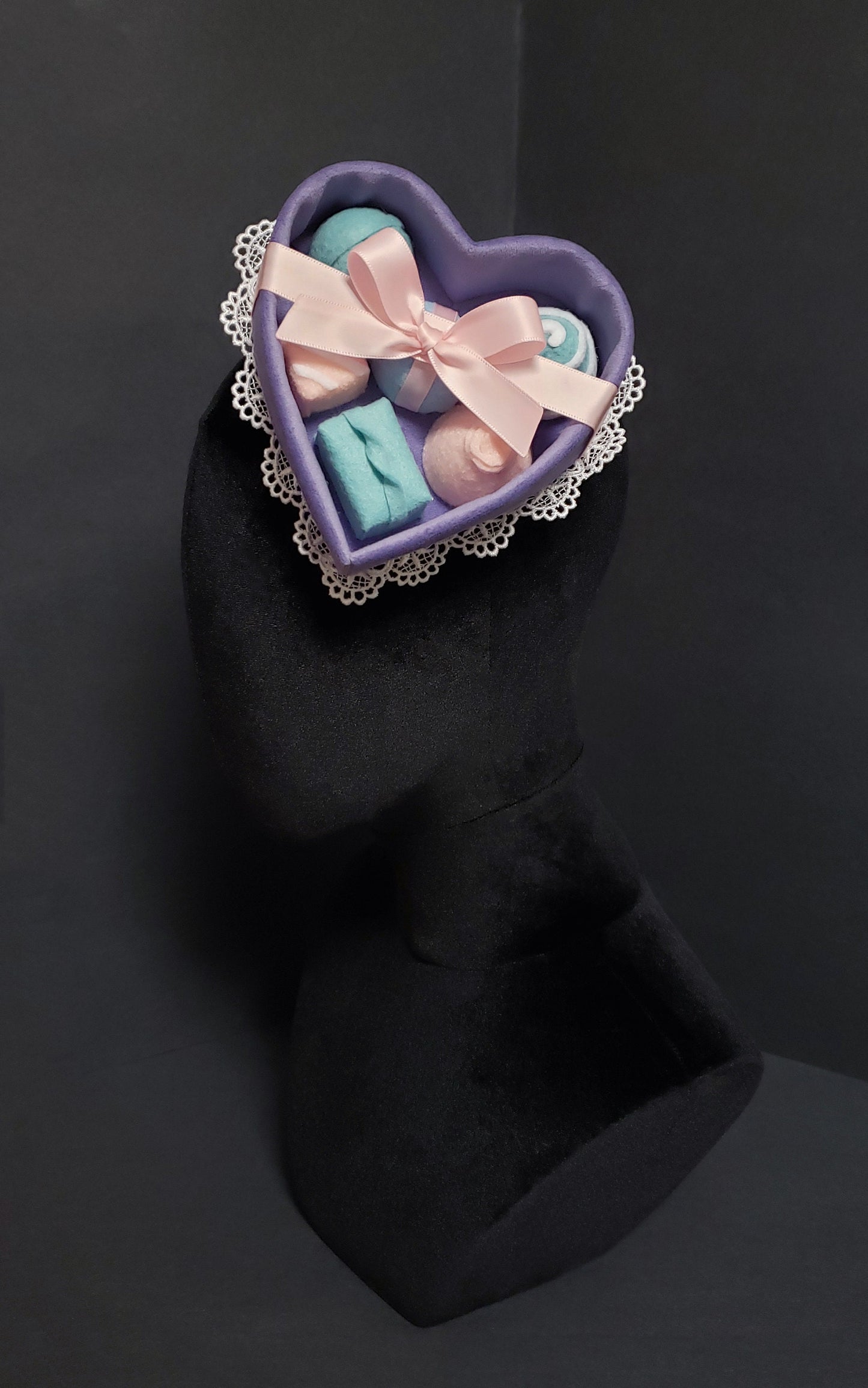 Sweet Lavender Velvet Pastel Chocolate Candy Heart Box Fascinator Hat or Desk Decor ~ Made to Order