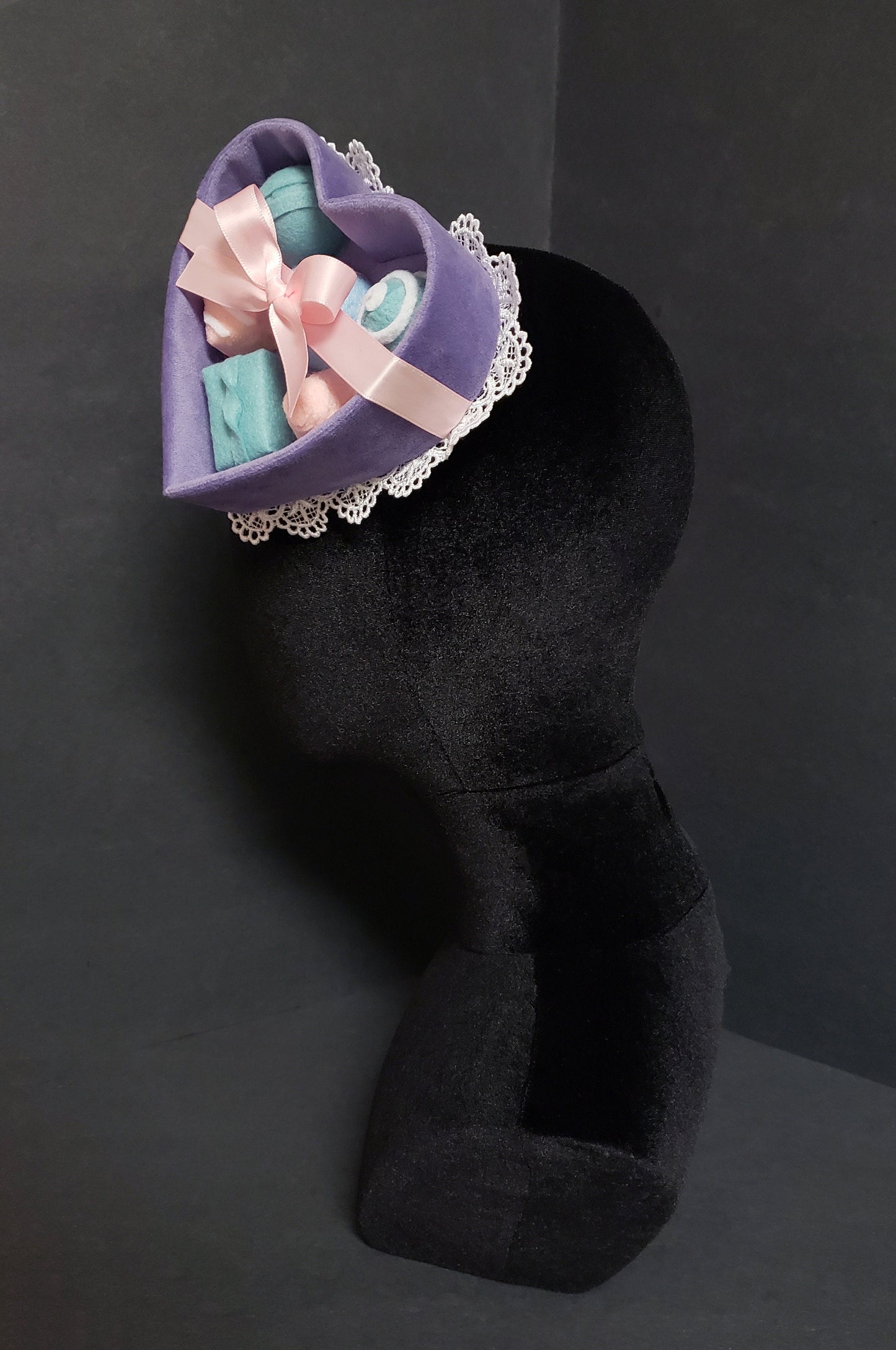 Sweet Lavender Velvet Pastel Chocolate Candy Heart Box Fascinator Hat or Desk Decor ~ Made to Order