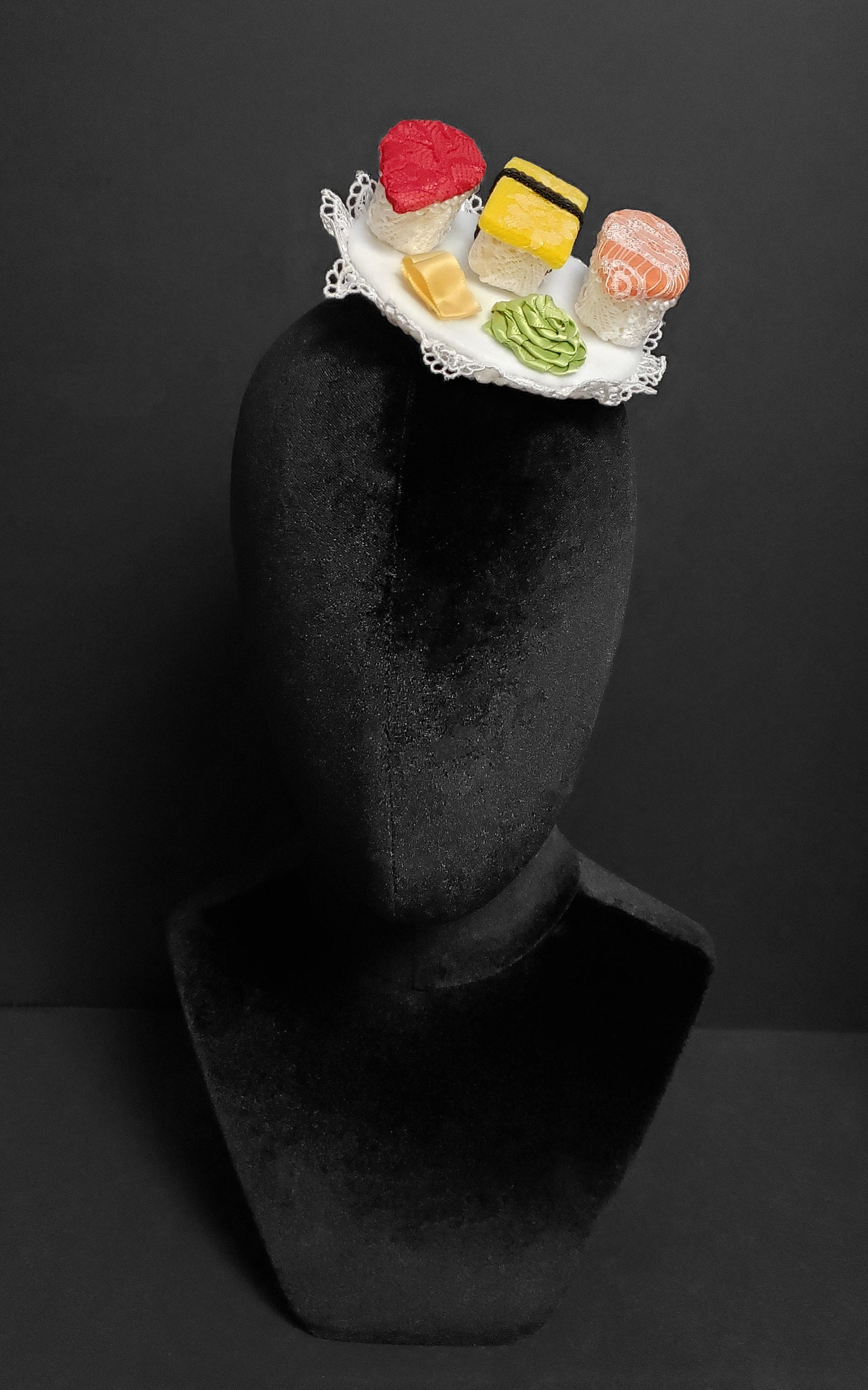 Elegant Lace and Pearls Salmon, Tuna, and Tamago Sushi Plate Fascinator or Desk Decor ~ Made to Order