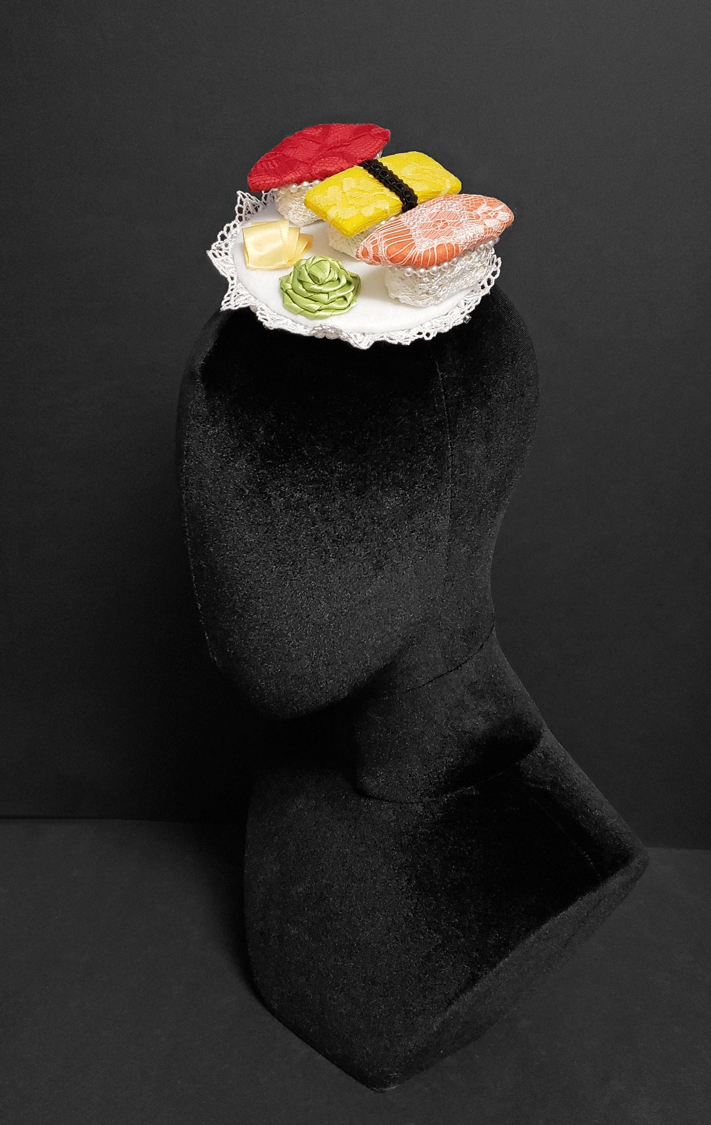 Elegant Lace and Pearls Salmon, Tuna, and Tamago Sushi Plate Fascinator or Desk Decor ~ Made to Order