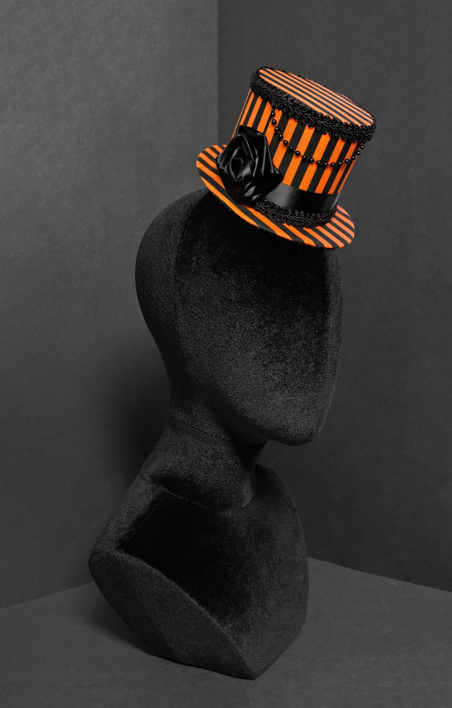 Halloween Orange and Black Striped Rose Gothic Mini Top Hat ~ Made to Order