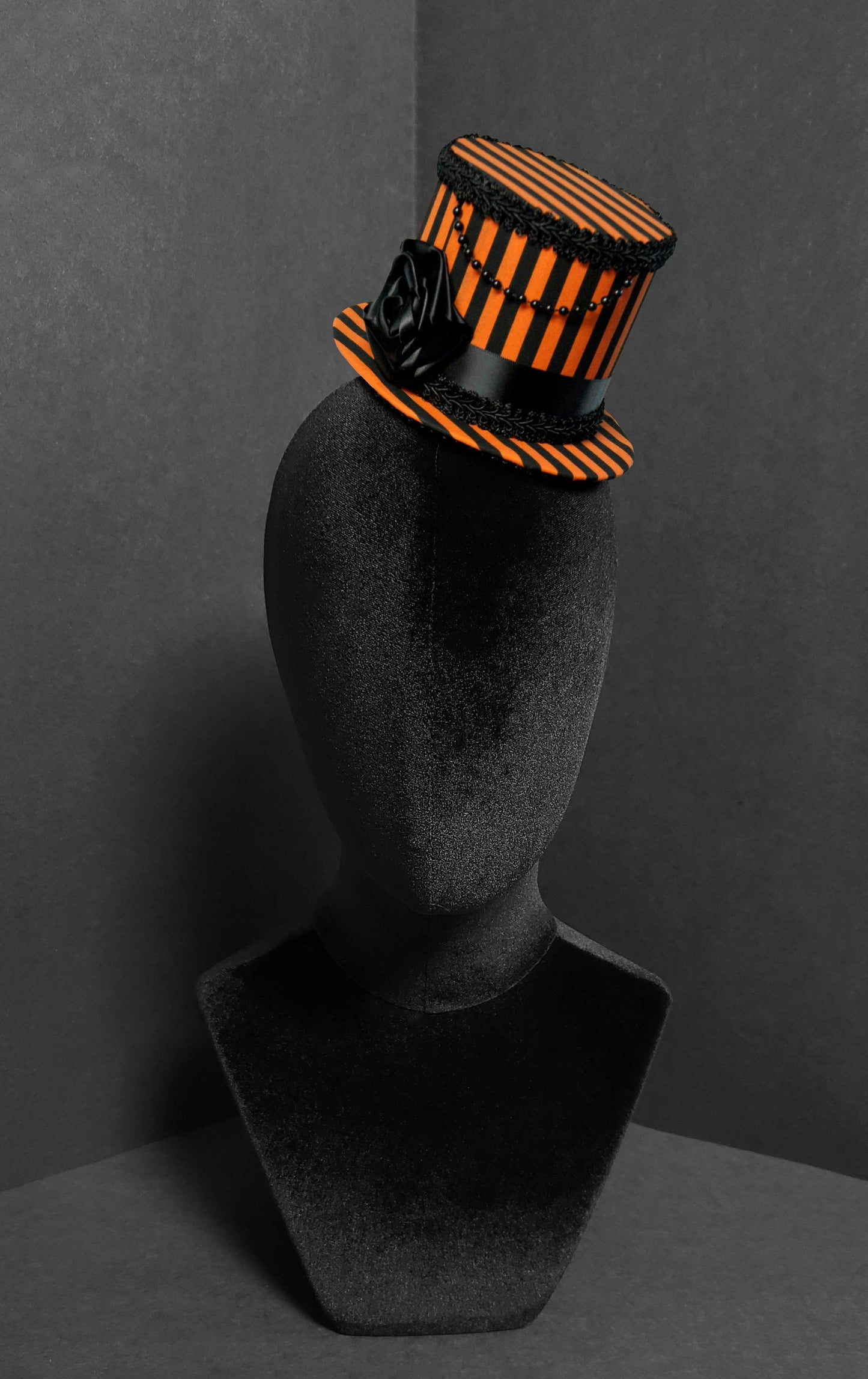Halloween Orange and Black Striped Rose Gothic Mini Top Hat ~ Made to Order