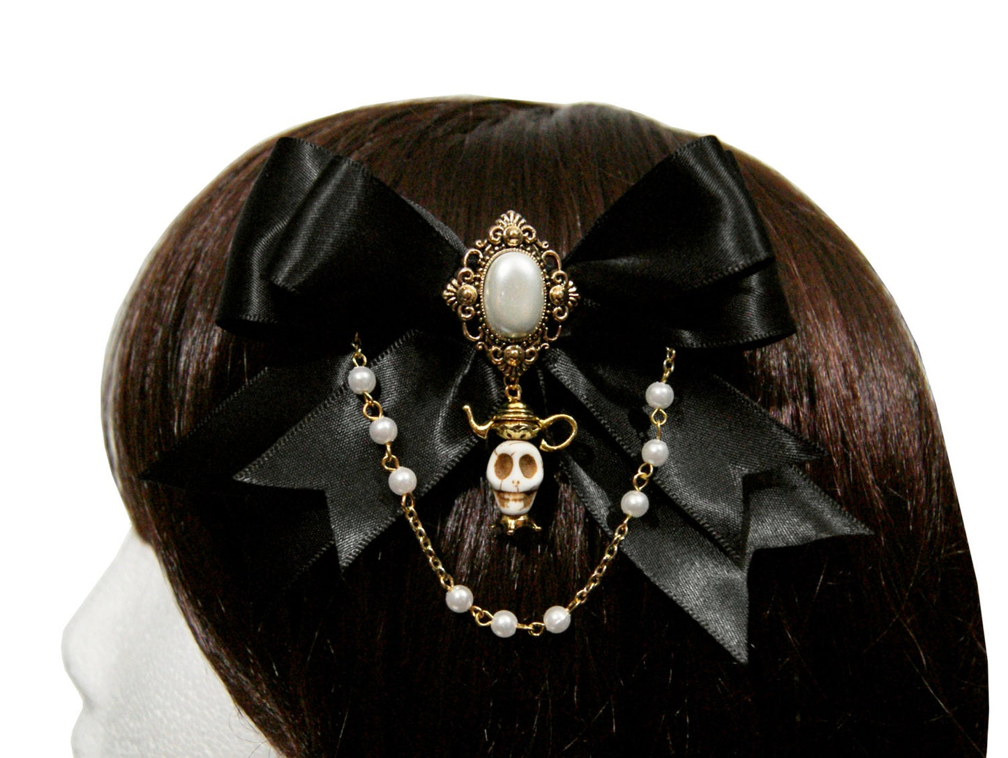 Elegant Victorian Gothic Gold or Silver Skull Teapot Hair Bow ~ 2 Skull and 4 Bow Colors Available ~ Made to Order