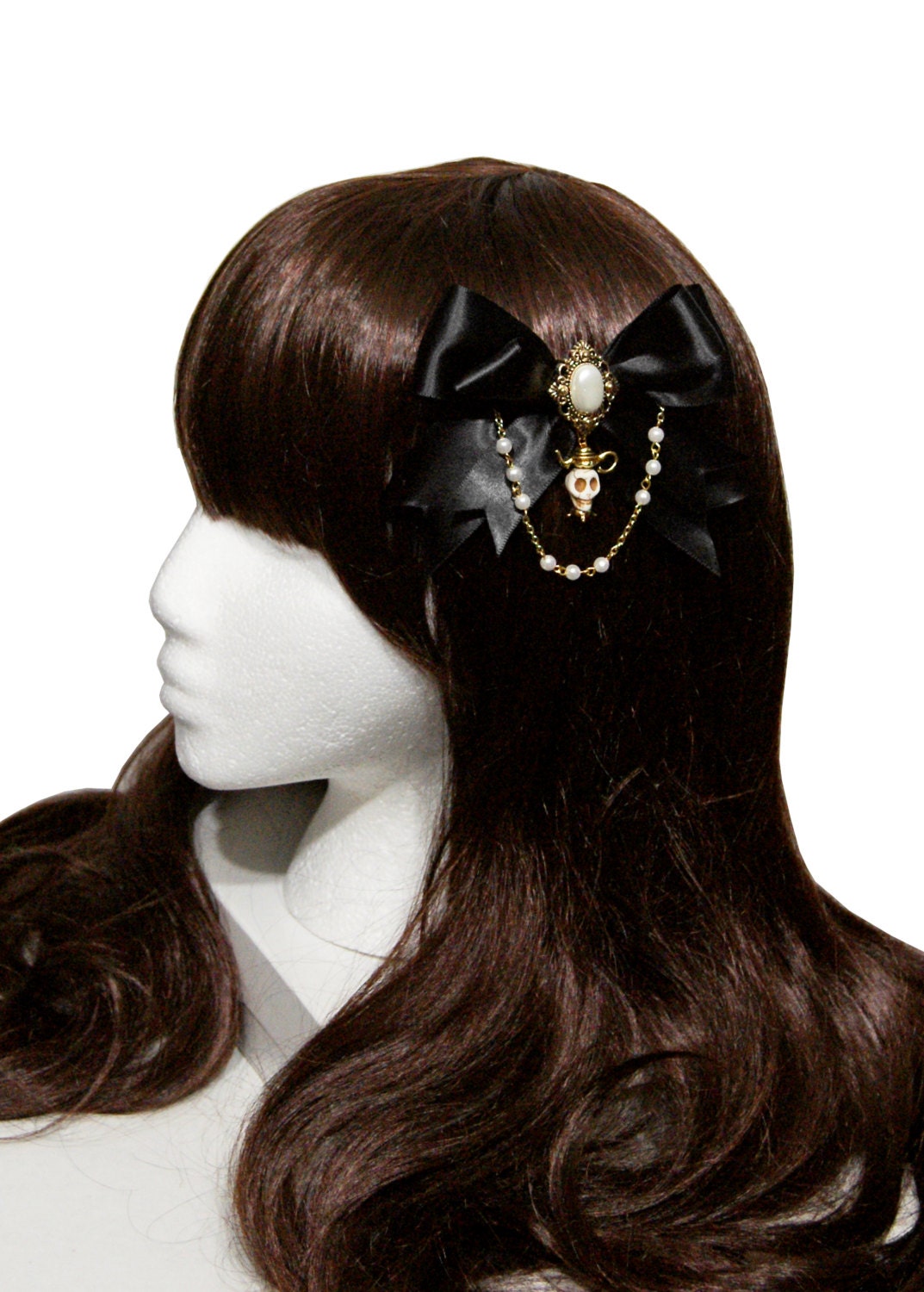 Elegant Victorian Gothic Gold or Silver Skull Teapot Hair Bow ~ 2 Skull and 4 Bow Colors Available ~ Made to Order