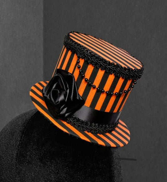 Halloween Orange and Black Striped Rose Gothic Mini Top Hat ~ Made to Order