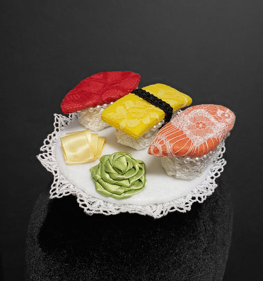 Elegant Lace and Pearls Salmon, Tuna, and Tamago Sushi Plate Fascinator or Desk Decor ~ Made to Order