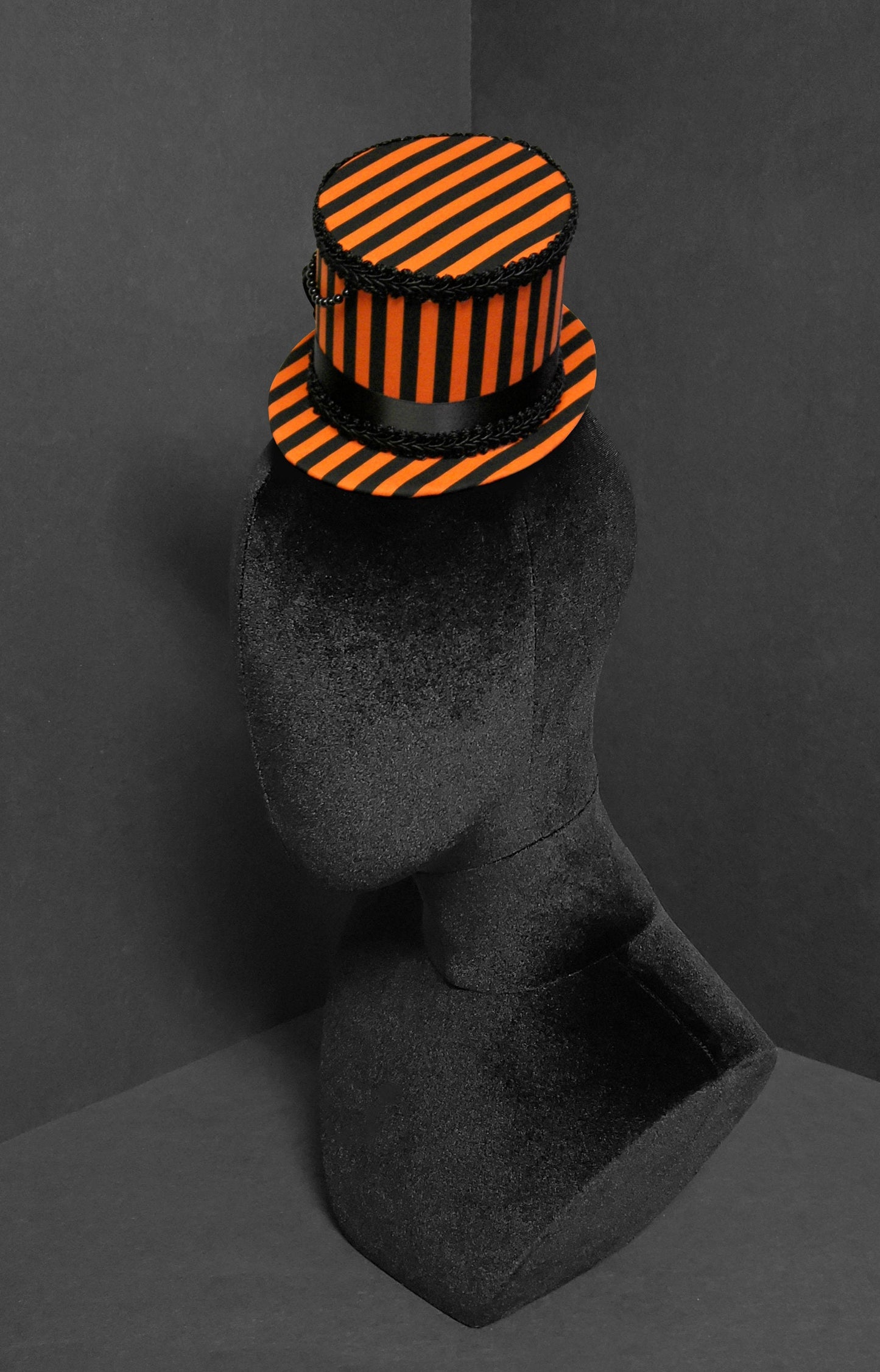 Halloween Orange and Black Striped Rose Gothic Mini Top Hat ~ Made to Order