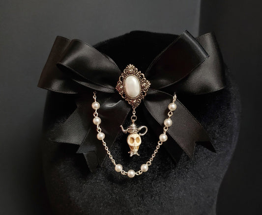 Elegant Victorian Gothic Gold or Silver Skull Teapot Hair Bow ~ 2 Skull and 4 Bow Colors Available ~ Made to Order